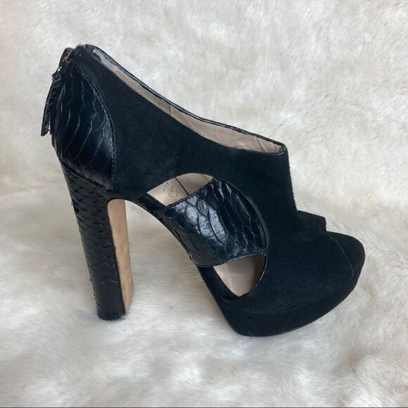 Barneys New York Co Op Black Snake Suede Peep Toe Heeled Platform Booties 35 - Picture 2 of 12